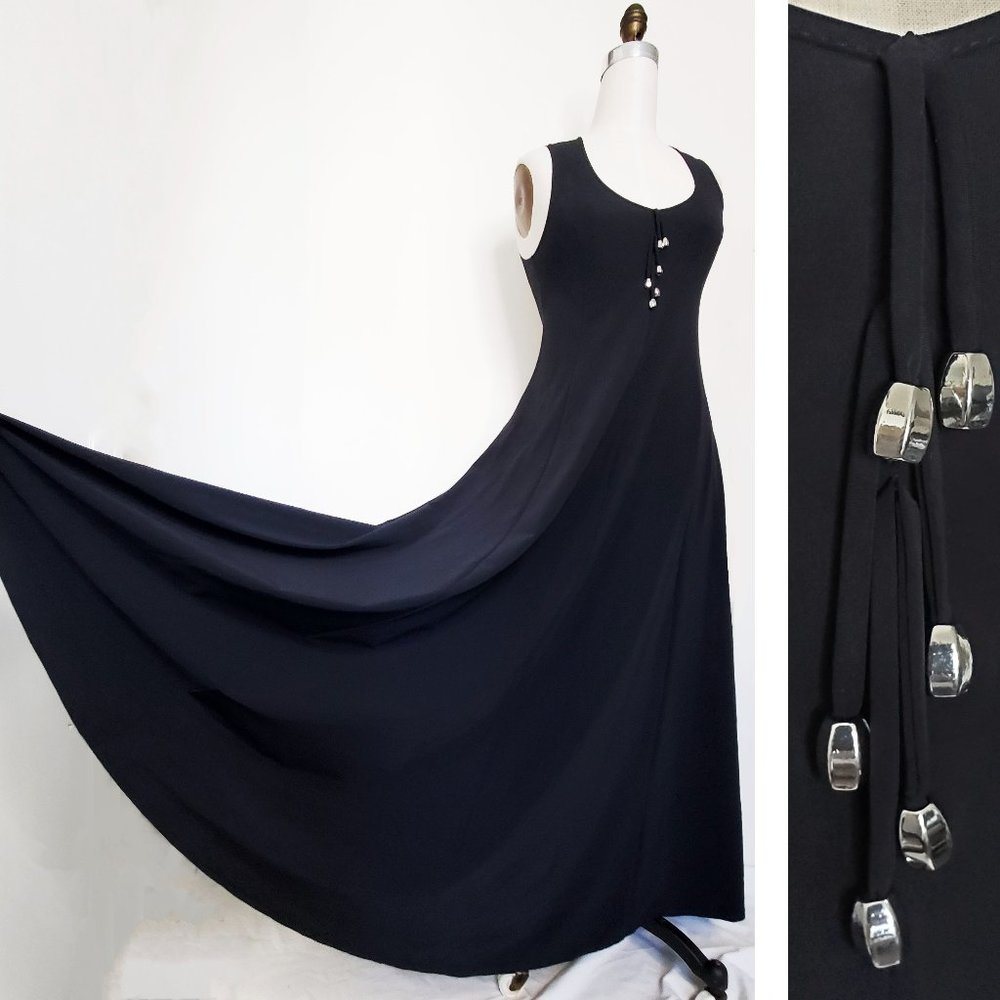Indies Womens Black Stretch Maxi Sleeveless Dress Silver Beads  Fit and Flare